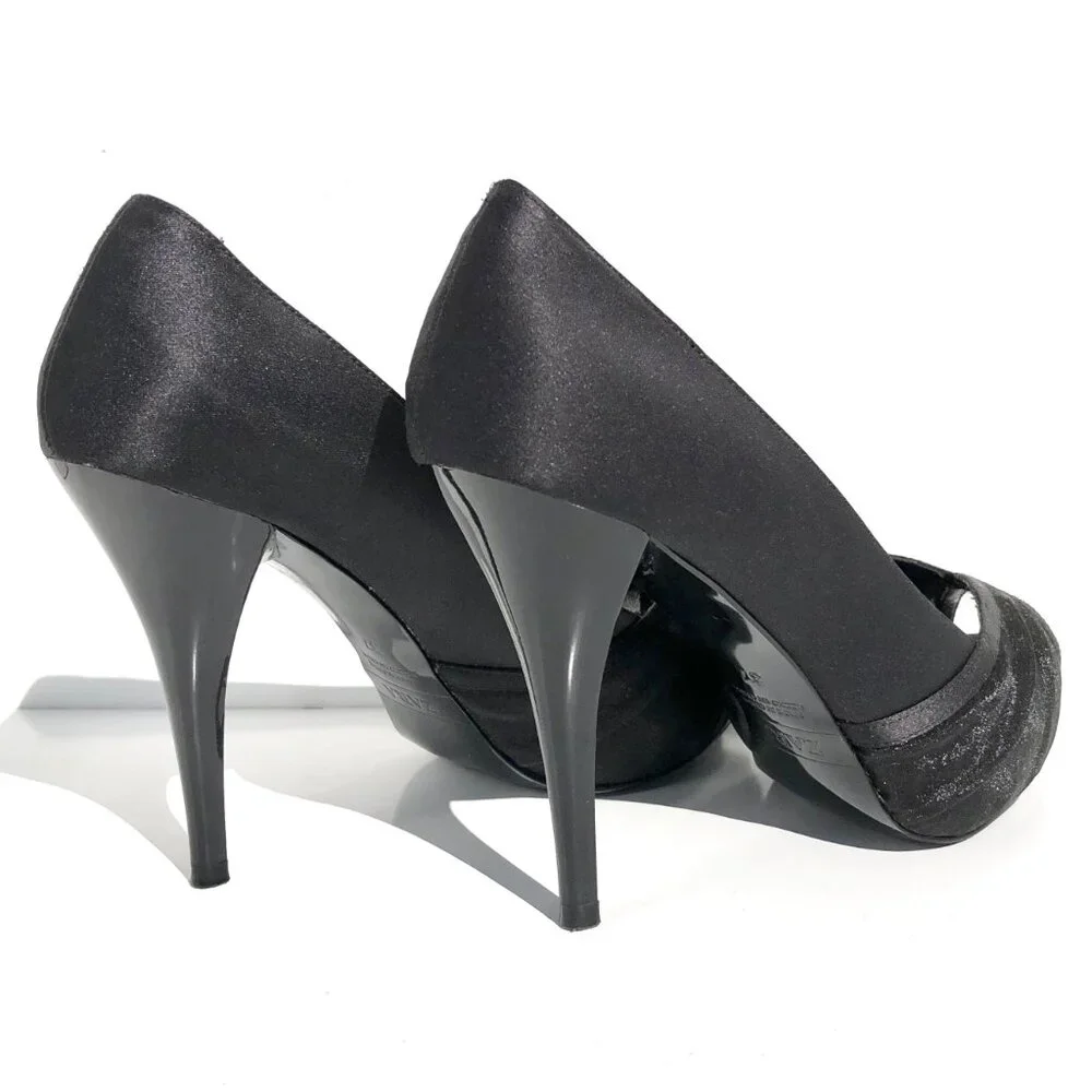 Zara Collection peep toe heels 37 black satin patent platform pump evening party